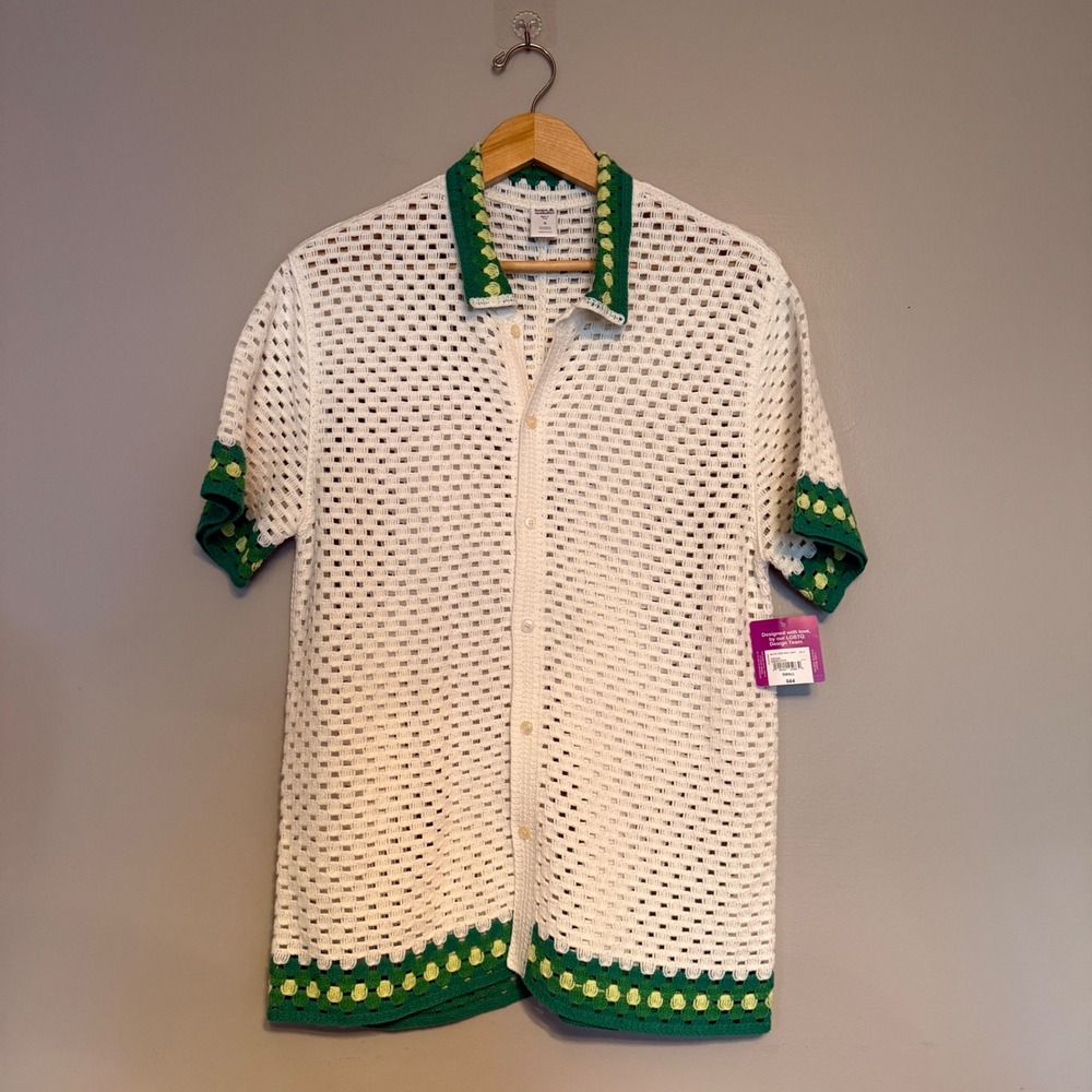 Hope & Wonder Men White Green Crochet Button Down Pride Sweater Shirt Small NWT